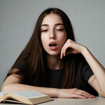Teen girl yawning over open book