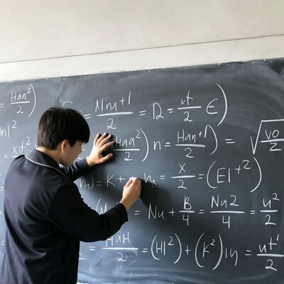 Asian student writing physics equations on blackboard