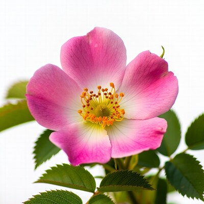 Pink Dog Rose Flower with Leaves