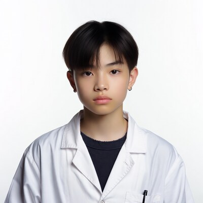 Asian boy in white lab coat