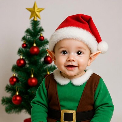 Baby elf smiling with Christmas tree
