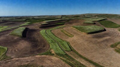 Aerial view of contoured farm fields