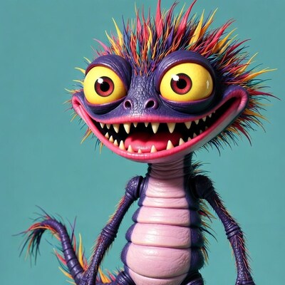 Cartoon purple lizard grinning with wild hair