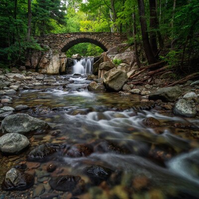 Stone Arch Bridge over Forest Waterfall