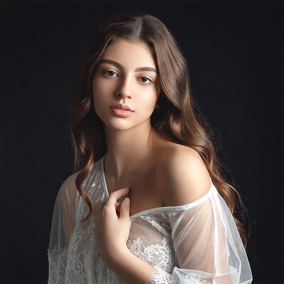 Woman in sheer lace off-shoulder top