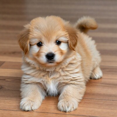 Fluffy Golden Puppy on Wooden Floor