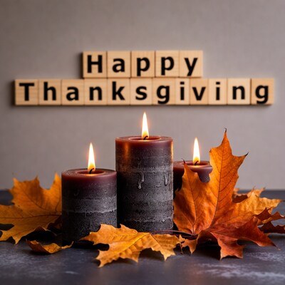 Happy Thanksgiving Candles and Autumn Leaves