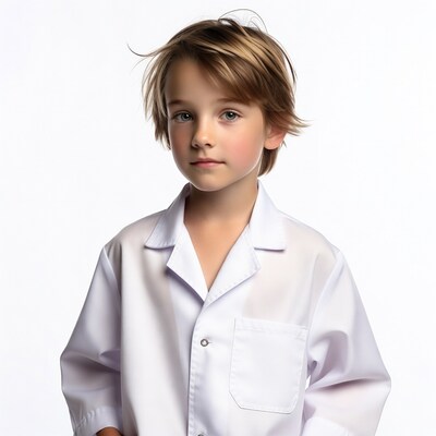Boy wearing white lab coat