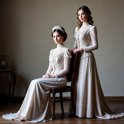 Two women in Victorian white dresses