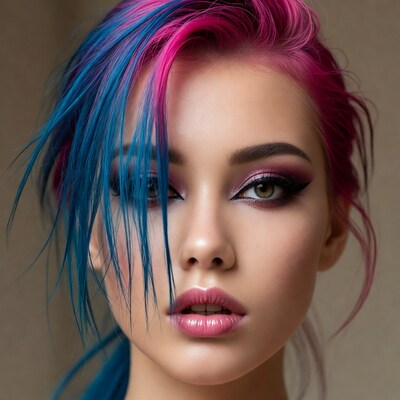 Woman with pink blue hair closeup