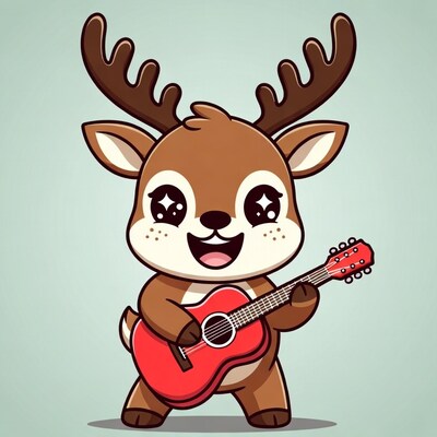 Cute cartoon reindeer playing guitar