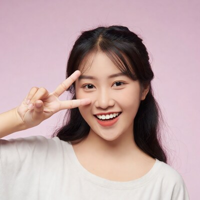 Asian woman making peace sign