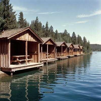 Wooden cabins on lake dock