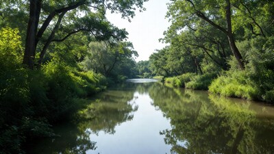 Serene River Framed by Lush Green Trees