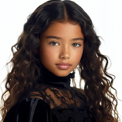Young girl with curly hair in black dress