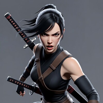 Asian woman wielding katanas