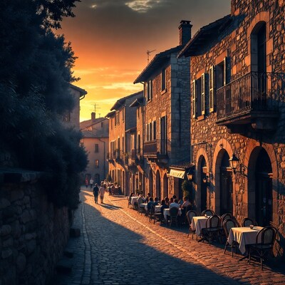 European village street at sunset with diners