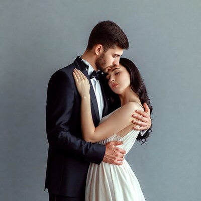 Man embracing woman in tuxedo and gown