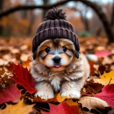 Puppy in Beanie Hat on Autumn Leaves