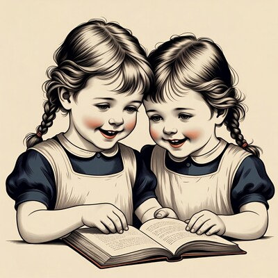 Twin girls reading book together