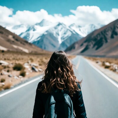 Woman walking road toward snowy mountains