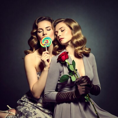Two women with lollipop and rose
