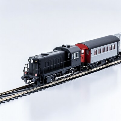 Black diesel locomotive pulling passenger car