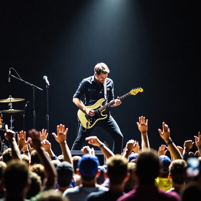 Guitarist performing to cheering crowd