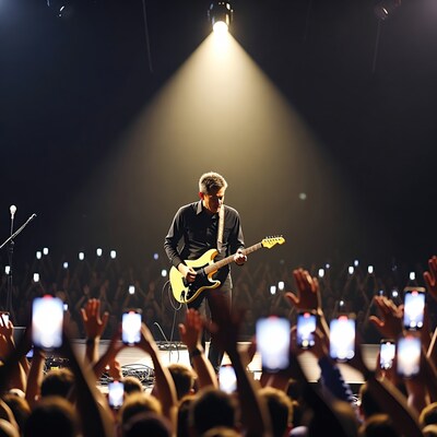 Man playing yellow guitar on stage