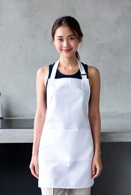 Asian woman wearing white apron