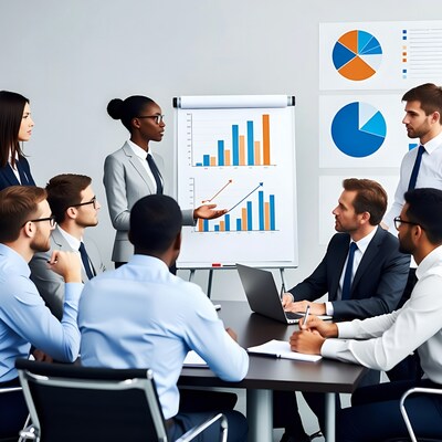 African-American woman presenting charts to business team