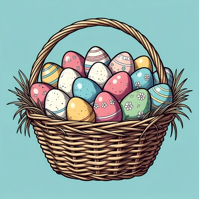 Colorful Easter Eggs in Wicker Basket