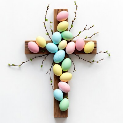 Colorful Easter Eggs on Wooden Cross