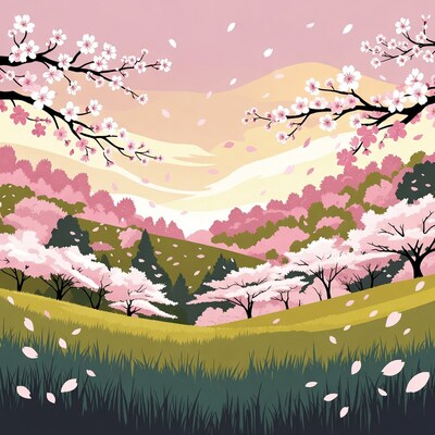 Cherry Blossom Valley Sunset Illustration