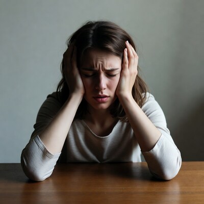 Woman holding head in distress at table