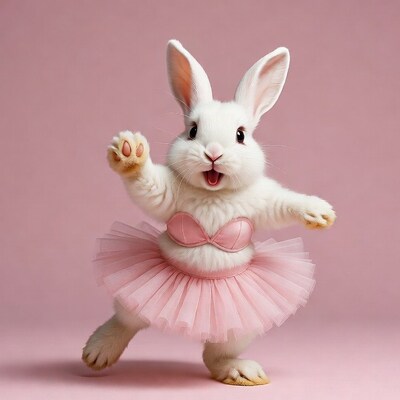 White bunny in pink tutu dancing