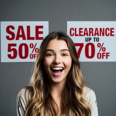 Smiling girl with sale clearance signs