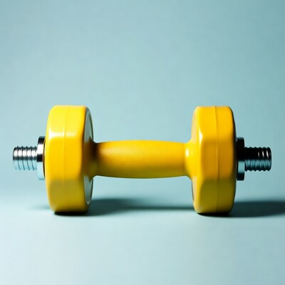 Yellow dumbbell on blue background