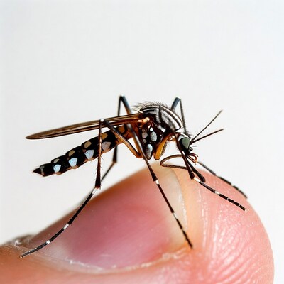 Striped Mosquito on Pink Fingertip