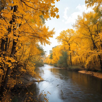 Autumn River with Golden Trees
