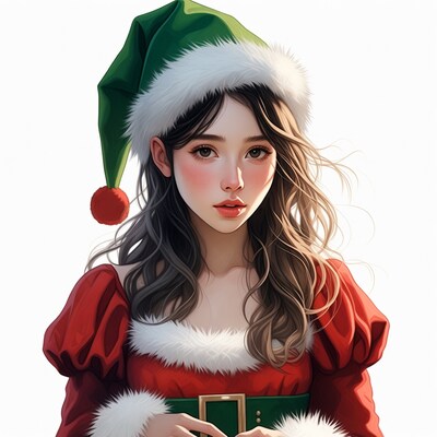 Asian woman in Santa elf costume