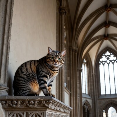 Tabby cat on cathedral balcony