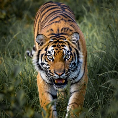 Tiger stalking in tall grass