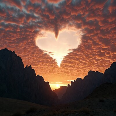 Heart-shaped clouds over sunset mountains