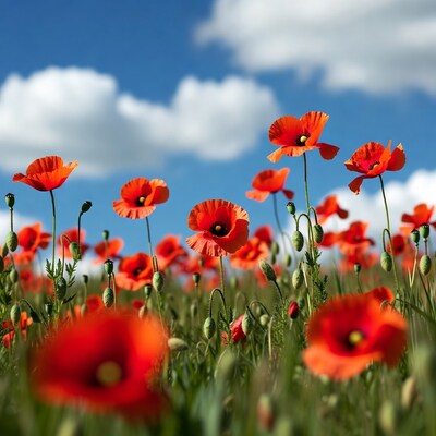 Red Poppy Field Under Blue Sky
