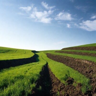 Terraced Green Rice Fields Under Blue Sky