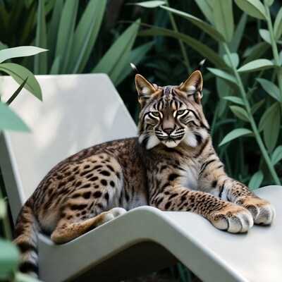 Bobcat lounging on white chair