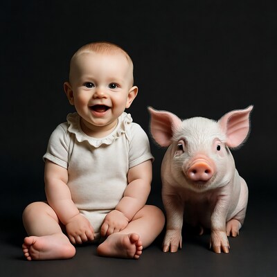 Baby girl with piglet
