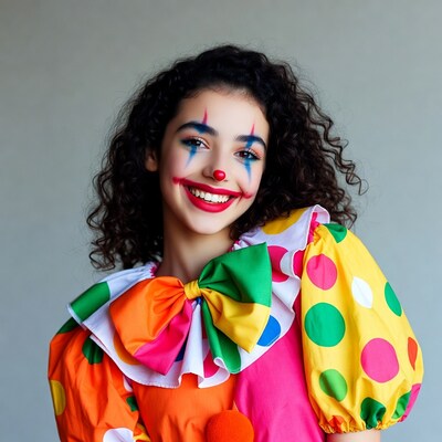 Girl in colorful clown costume smiling
