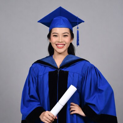 Asian woman in blue graduation gown